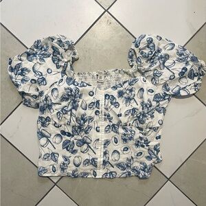 🩷SALE $5/30 Rachel Zoe White Blouse with Blue Floral Design